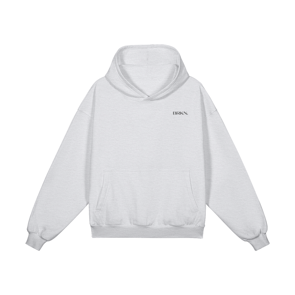 White minimalist hoodie with small BRKN. logo, heavyweight streetwear essential