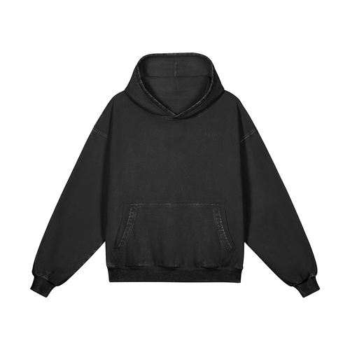 Black heavyweight hoodie with front pocket and subtle branding, minimalist streetwear style