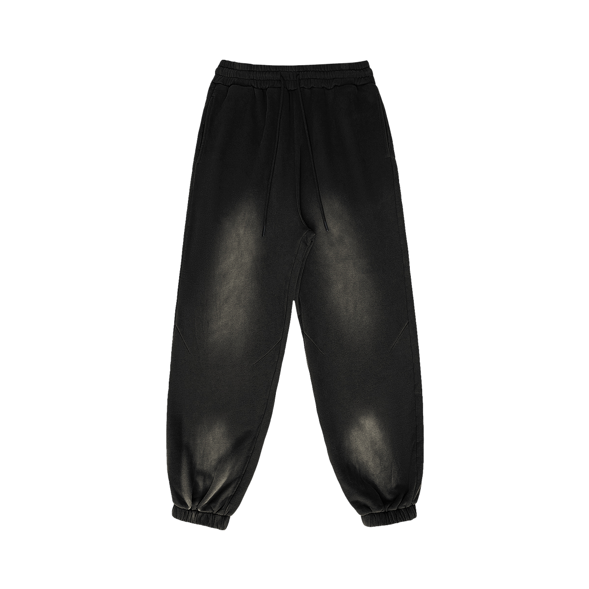 Black minimalist streetwear joggers with drawstring waist and tapered cuffs, ideal for everyday wear