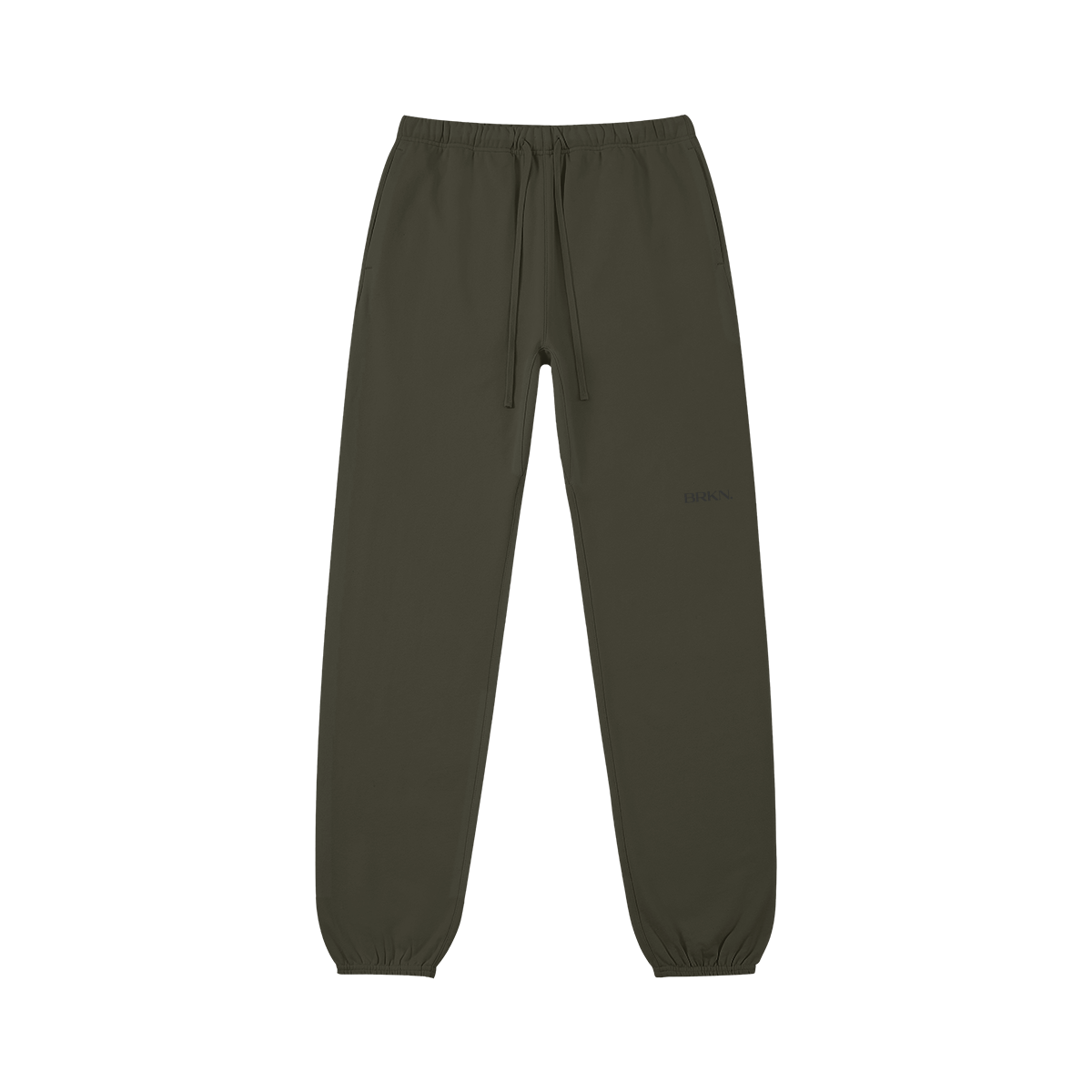 Olive green minimalist sweatpants with drawstring waist and subtle branding, ideal for everyday wear.