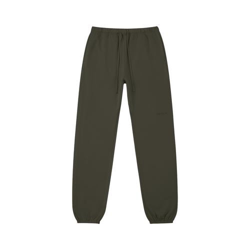 Olive green minimalist sweatpants with drawstring waist and subtle branding, ideal for everyday wear.