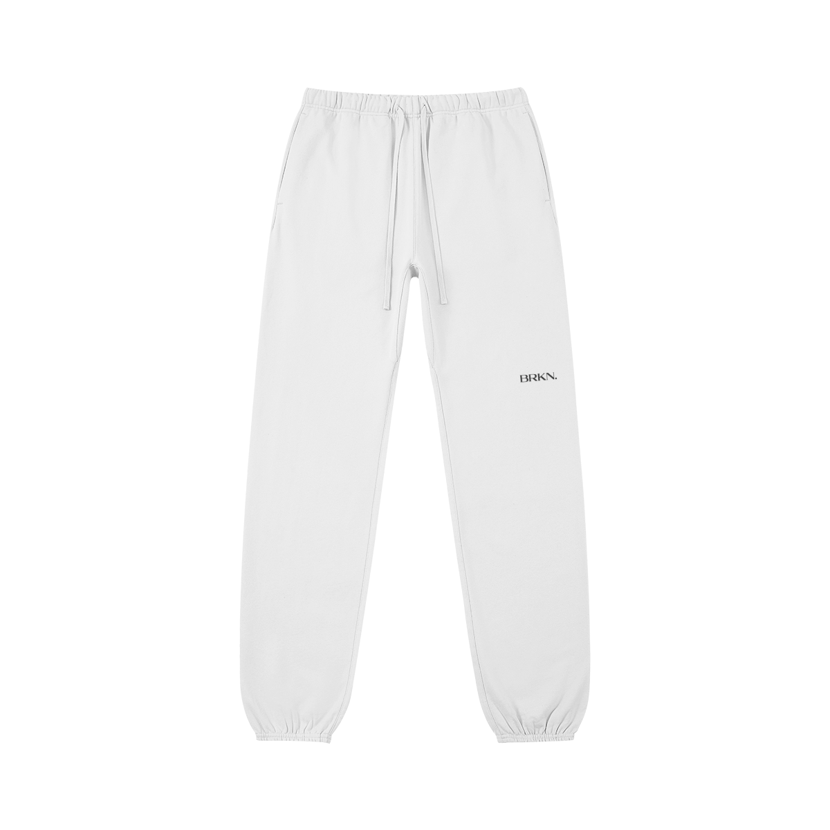 White minimalist sweatpants with BRKN. logo, drawstring waist, and cuffed ankles for everyday streetwear comfort.
