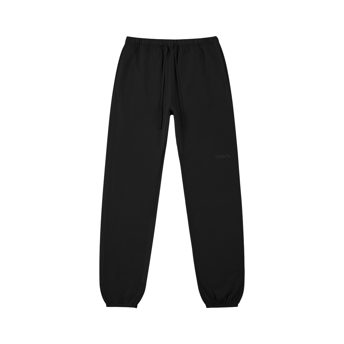 Black minimalist sweatpants with drawstring waist and subtle branding, ideal for streetwear style.