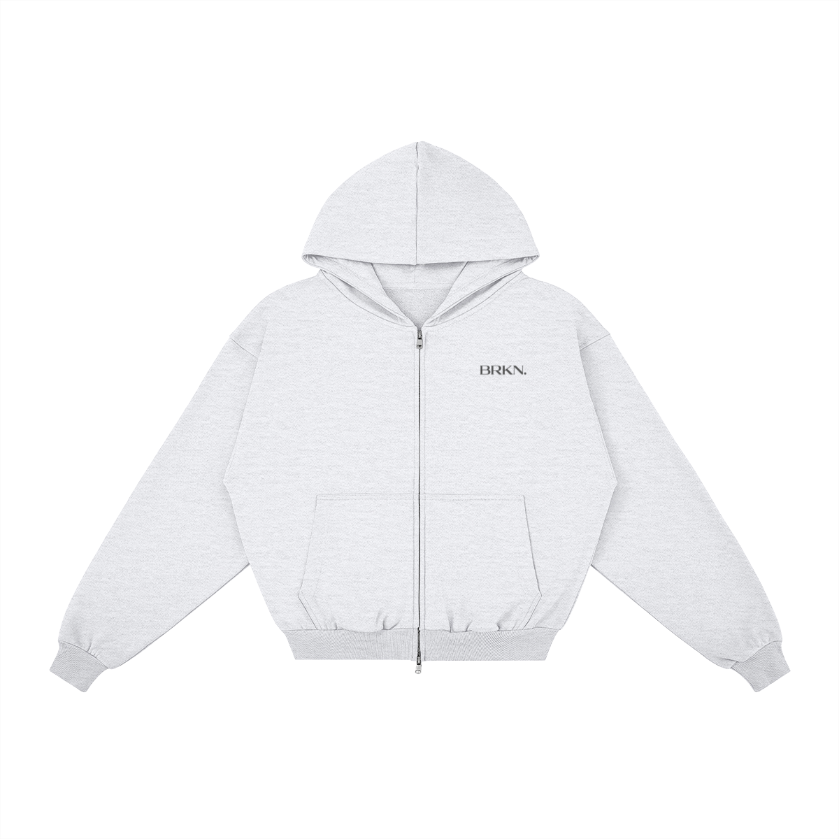 Light gray zip-up hoodie with BRKN. logo, minimalist streetwear design, front pocket, hooded sweatshirt