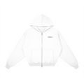 White zip-up hoodie with BRKN. logo, minimalist streetwear design, front pocket, and hood