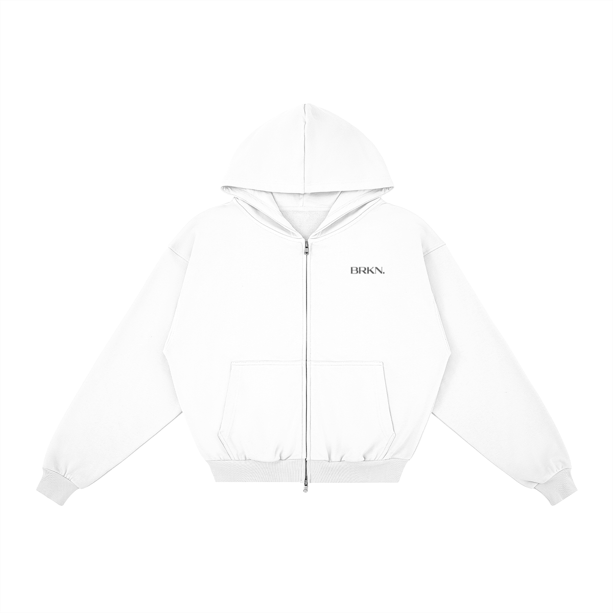 White zip-up hoodie with BRKN. logo, minimalist streetwear design, front pocket, and hood