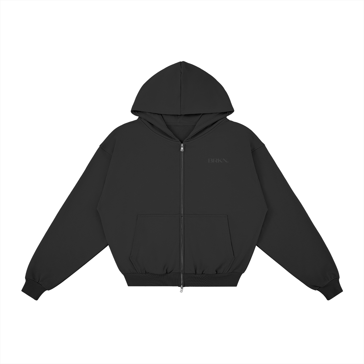 Black zip-up hoodie with BRKN logo, minimalist streetwear design, front pocket, and ribbed cuffs