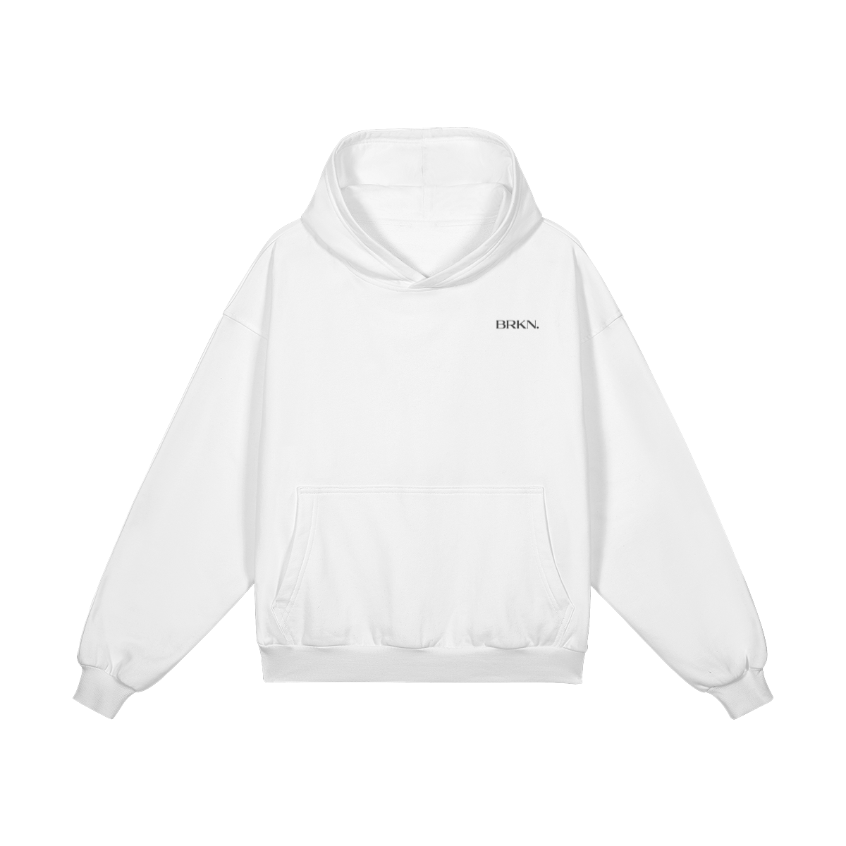 White minimalist hoodie with BRKN. logo, premium streetwear essential for everyday wear