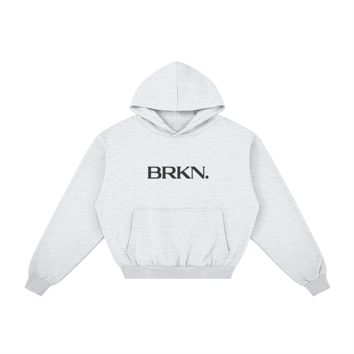 Light gray minimalist hoodie with BRKN. logo, heavyweight streetwear essential for everyday wear