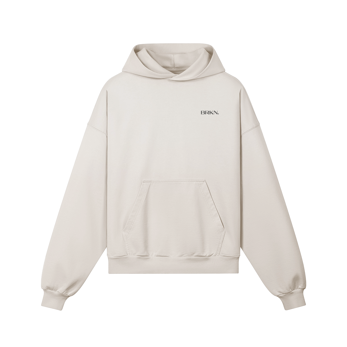 Beige minimalist hoodie with BRKN. logo, heavyweight streetwear essential for everyday wear