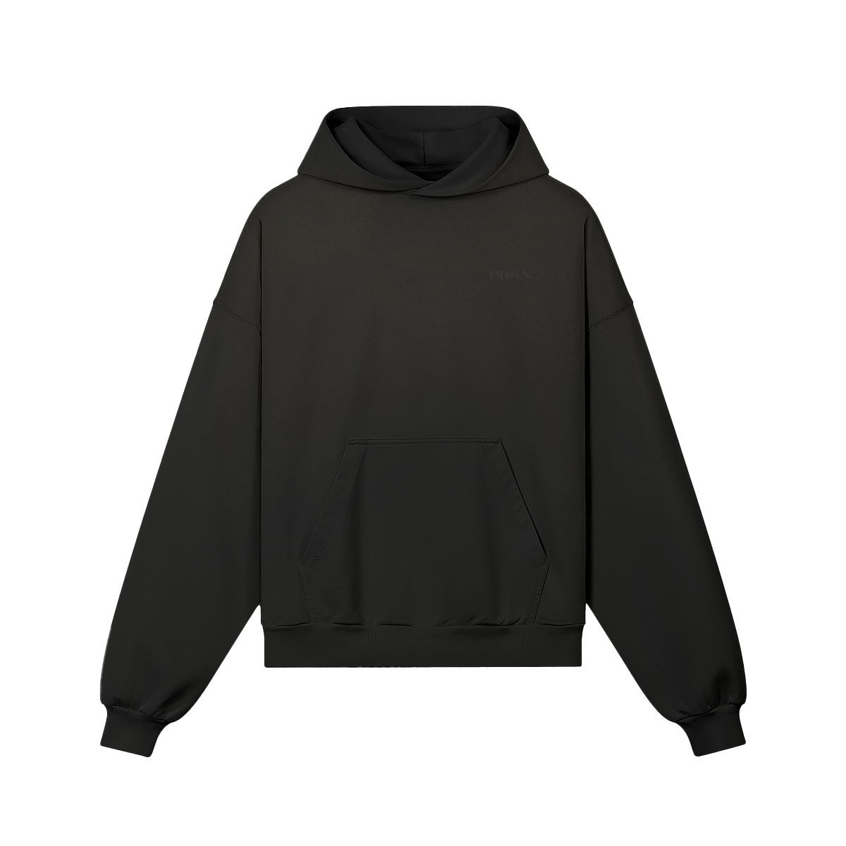 Black minimalist hoodie with front pocket and subtle chest logo, premium streetwear essential