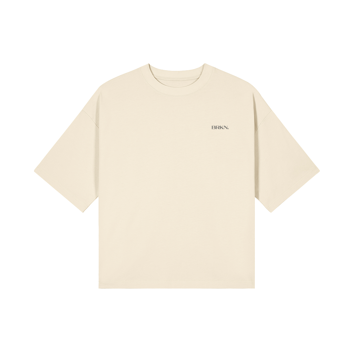 Beige minimalist t-shirt with small BRKN logo, premium streetwear essential for everyday wear