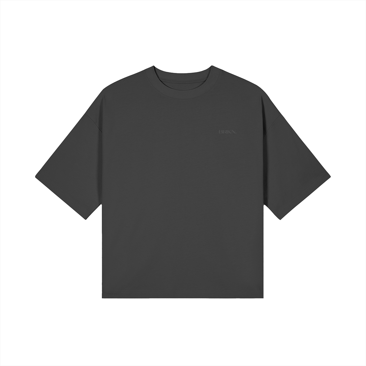 Dark gray minimalist oversized t-shirt with subtle chest logo, premium streetwear essential