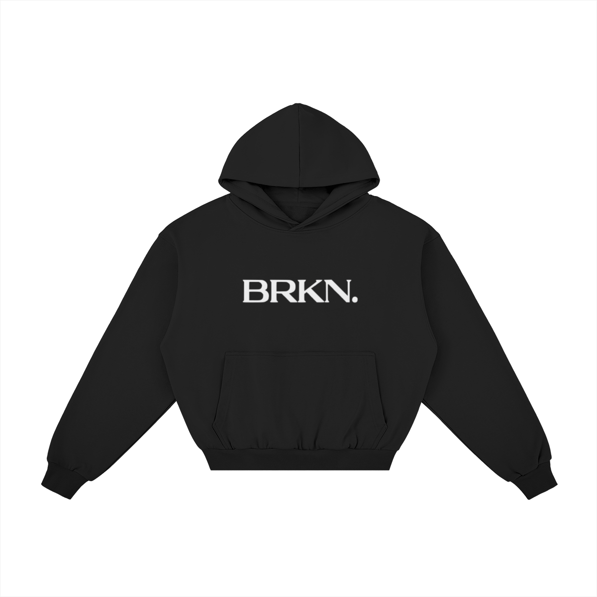 Black BRKN. hoodie with white logo, minimalist streetwear design, heavyweight pullover with front pocket