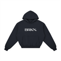 Black heavyweight hoodie with white BRKN. logo, minimalist streetwear design