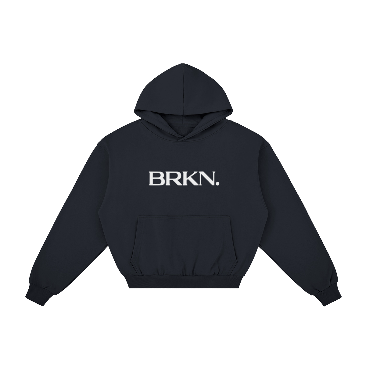 Black heavyweight hoodie with white BRKN. logo, minimalist streetwear design