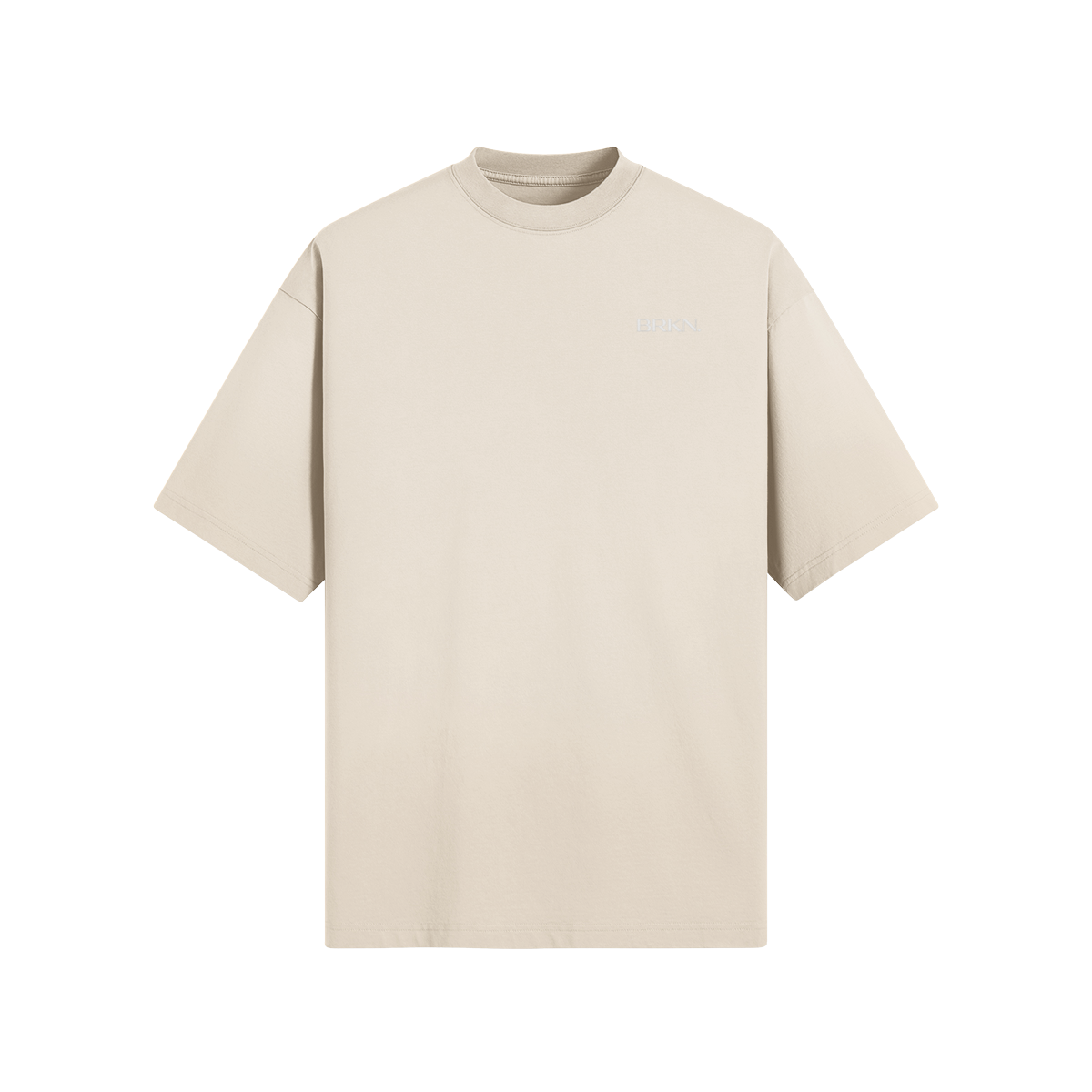 Beige minimalist streetwear t-shirt with subtle BRKN logo, ideal for everyday wear