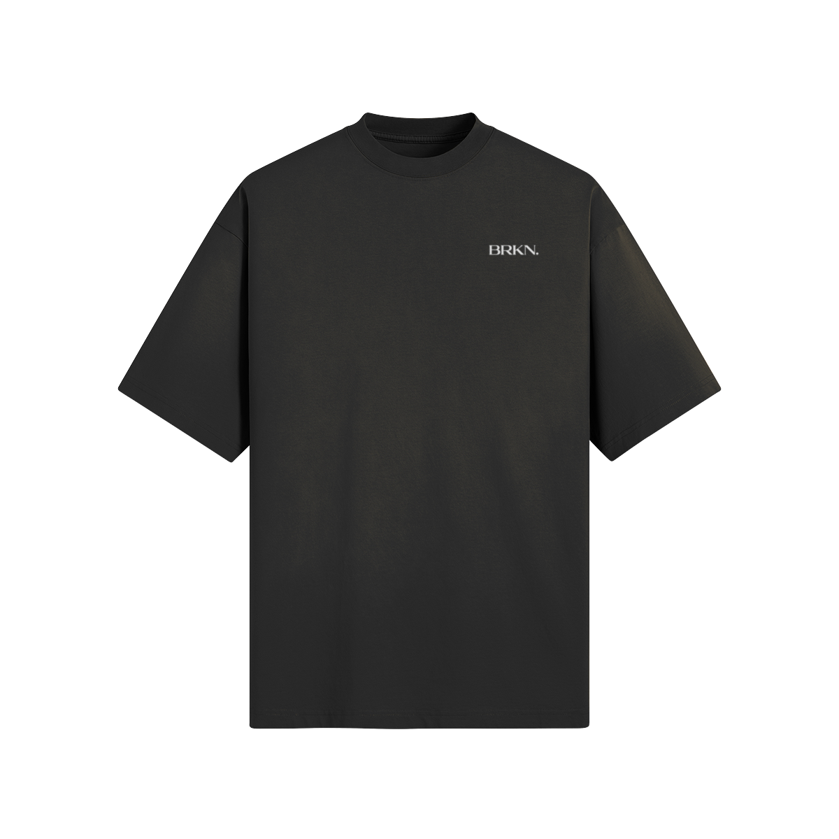 Black minimalist streetwear t-shirt with small BRKN. logo, oversized fit, premium heavyweight fabric