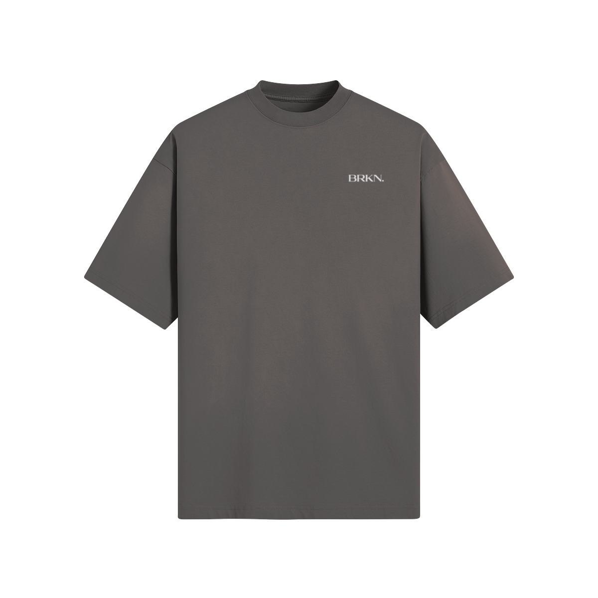 Dark gray minimalist streetwear t-shirt with small BRKN. logo, oversized fit, premium heavyweight fabric
